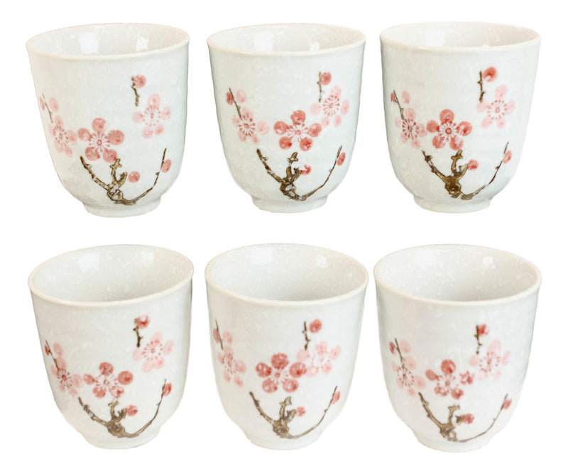 Pack Of 6 Textured Pink Japanese Sakura Cherry Blossoms Ceramic Tea Cups Teacups