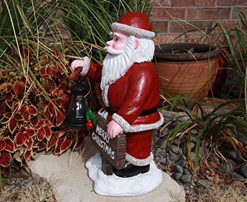 Ebros Jolly Seasons Merry Christmas Santa Claus Holding Greeting Sign Decorative Statue With Solar LED Light Lantern Lamp 16.5"H As Home Patio Welcome Entrance Decor Guest Greeter Figurine - Ebros Gift