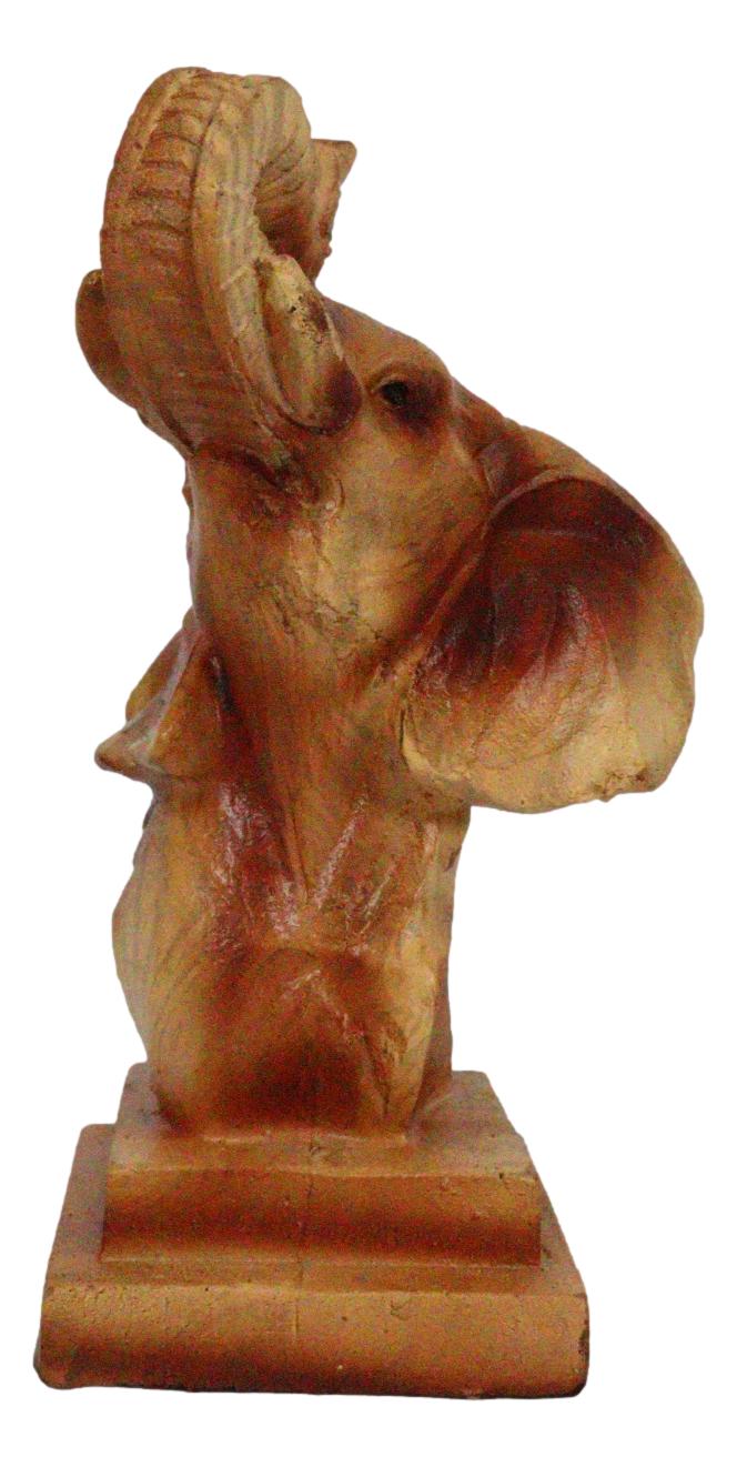 Small Safari Wildlife Elephant Bust With Trunk Up Faux Wood Carving Figurine
