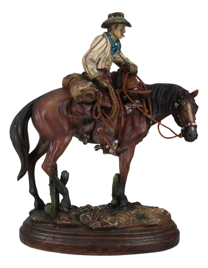 Western Desert Cowboy On Saddleback Brown Stallion Horse By Cactus Figurine