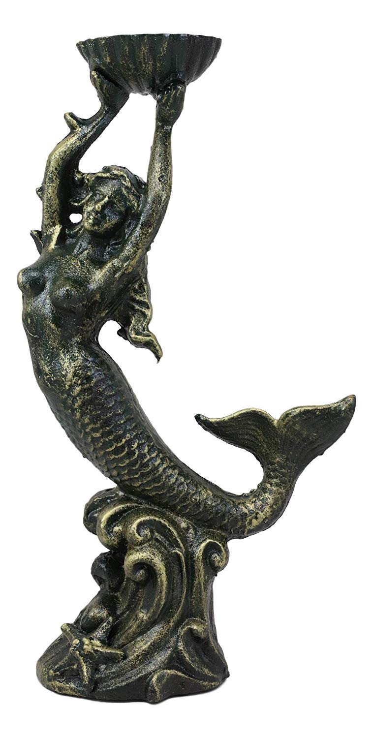 Cast Iron 15"H Under The Sea Mermaid Holding Up Sea Shell Candle Holder Statue - Ebros Gift