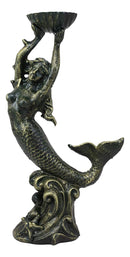 Cast Iron 15"H Under The Sea Mermaid Holding Up Sea Shell Candle Holder Statue
