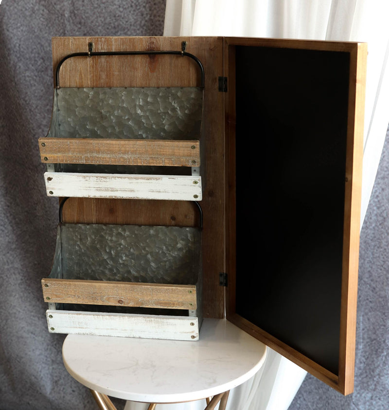 Rustic 23"H Wooden Chalkboard With 2 Metal Mail Pocket Organizer Wall Rack