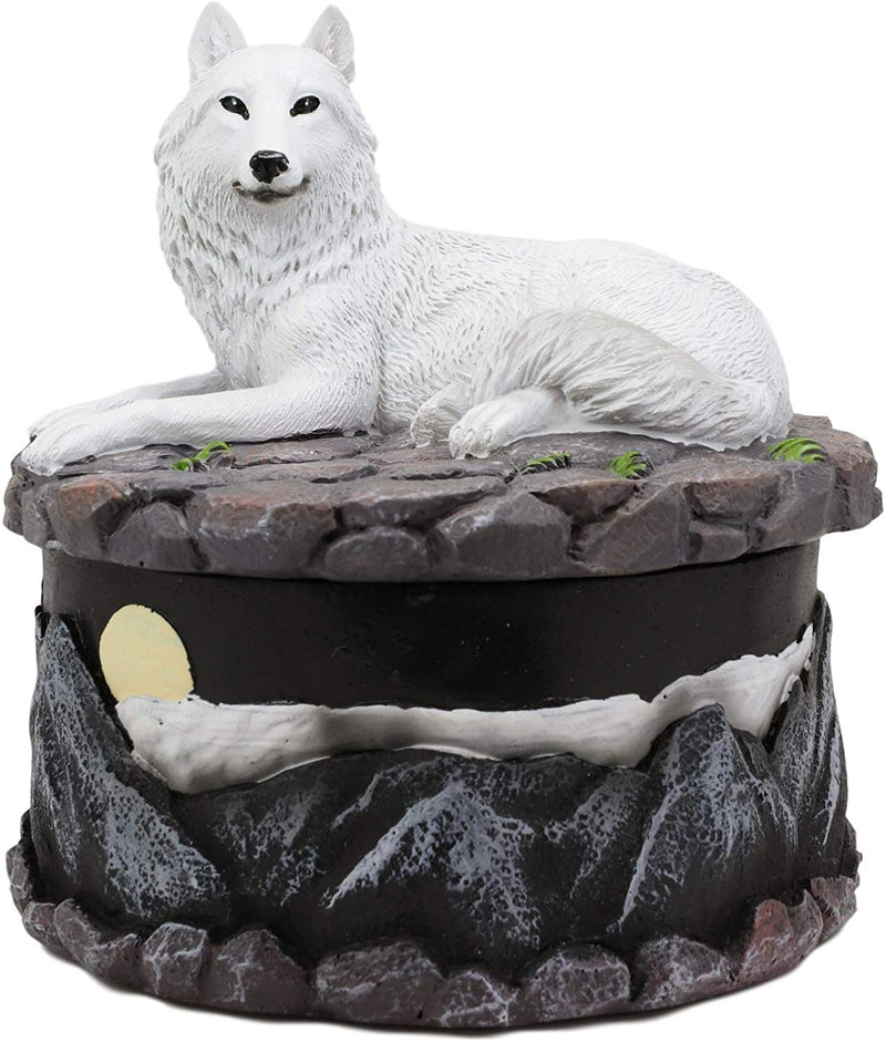 Ebros Albino White Wolf in Repose Round Jewelry Decorative Box 5.25" Diameter