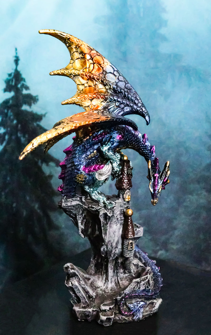 Metallic Blue Iridescent Dragon Protecting Castle On Mountain Cliff Figurine