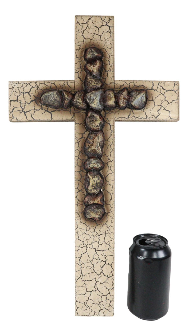 Rustic Country Western Faux Crackled Wood with Pebble Rock Stones Wall Cross