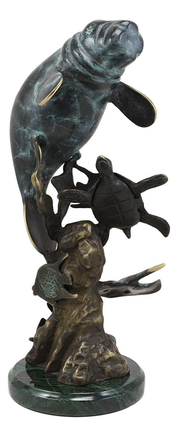Ebros Gift Brass Metal Nautical Manatee Sea Cow with Turtle Stingray and Fishes Statue