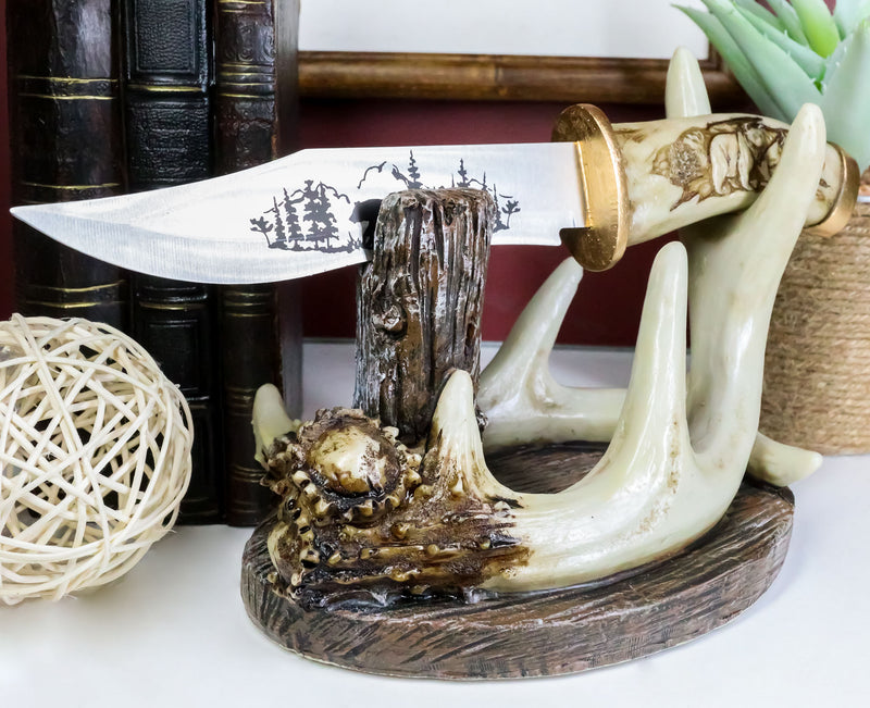 Western Rustic 8 Point Buck Stag Deer Antlers Display With Bear Sculpted Dagger