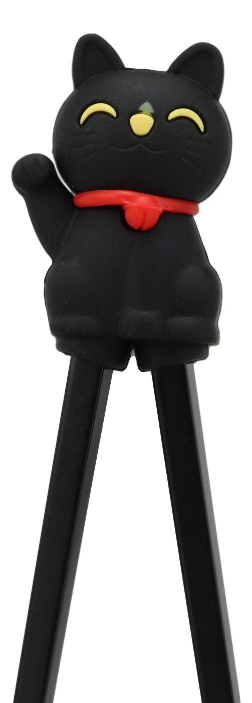 Ebros Black Maneki Neko Reusable Training Chopsticks Set With Silicone Helper