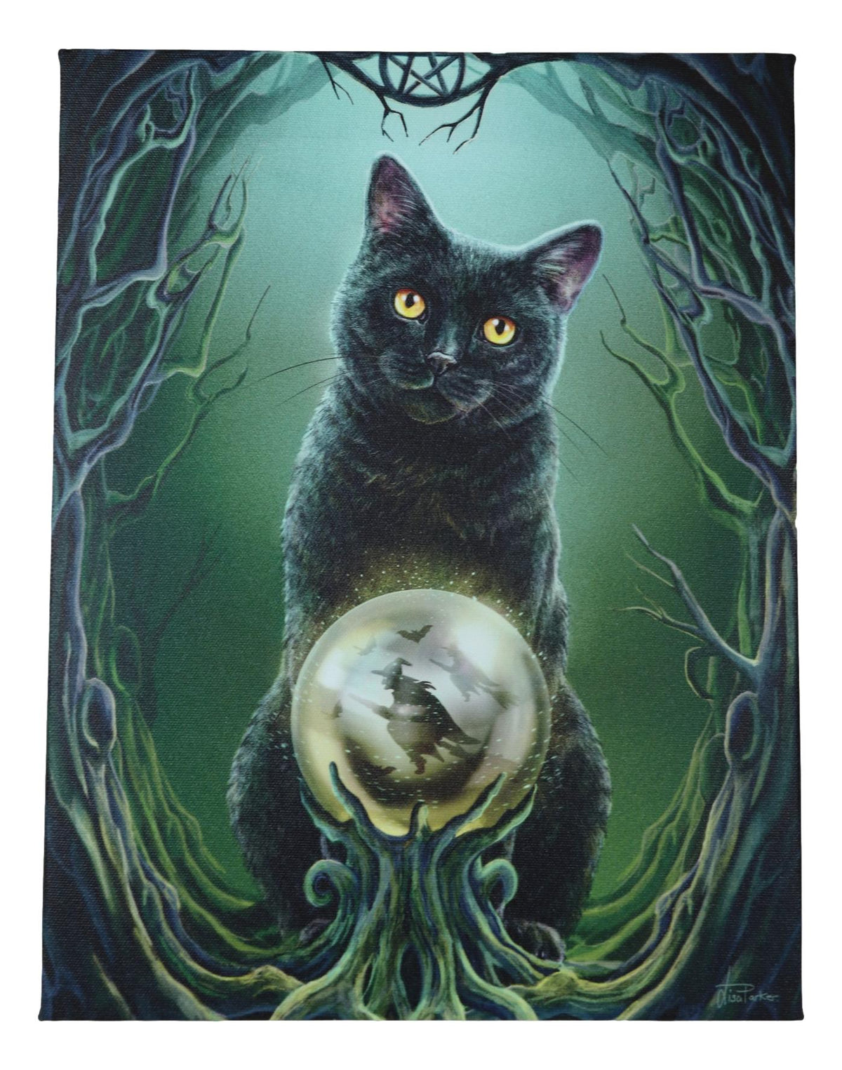 Rise Of The Witches Black Cat By Scrying Ball Wood Framed Canvas Wall Decor - Ebros Gift