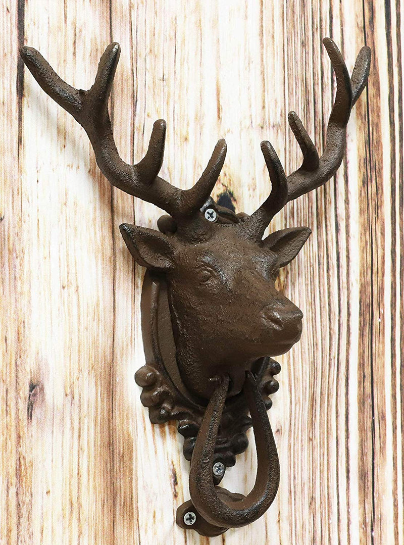 Ebros Gift Rustic Western Forest Horned Elk Deer Head Cast Iron Door Knocker 10.5" Tall Figurine Decorative Knockers Buck for Hunter Cabin Lodge Home Accent Decor Hardware