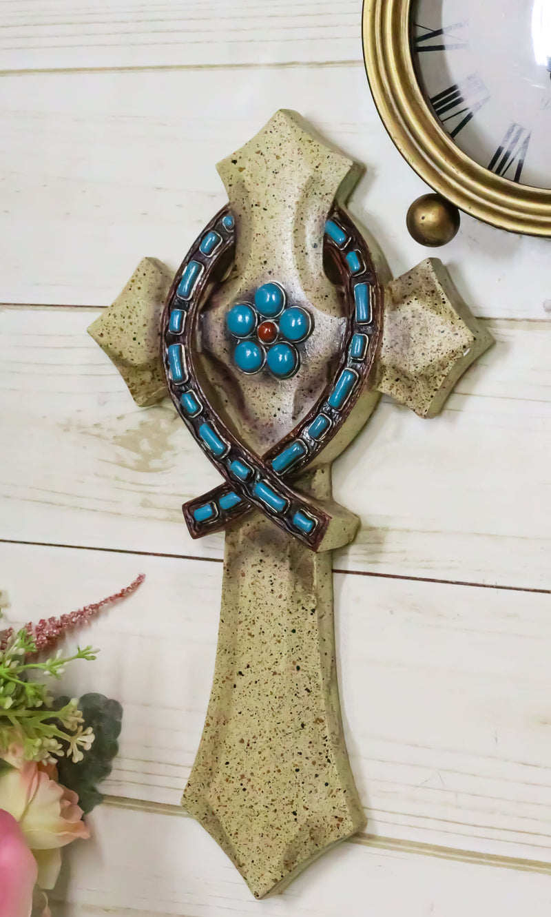 Rustic Beige Greek Ichthys Christ Fish Symbol with Turquoise Gems Wall Cross