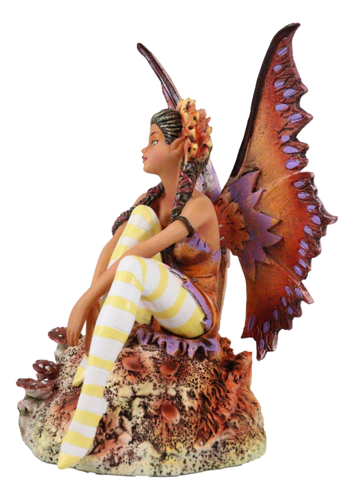 Amy Brown Fantasy Fall Ebony Fairy Sitting On Rock Garden Autumn Winds Figurine