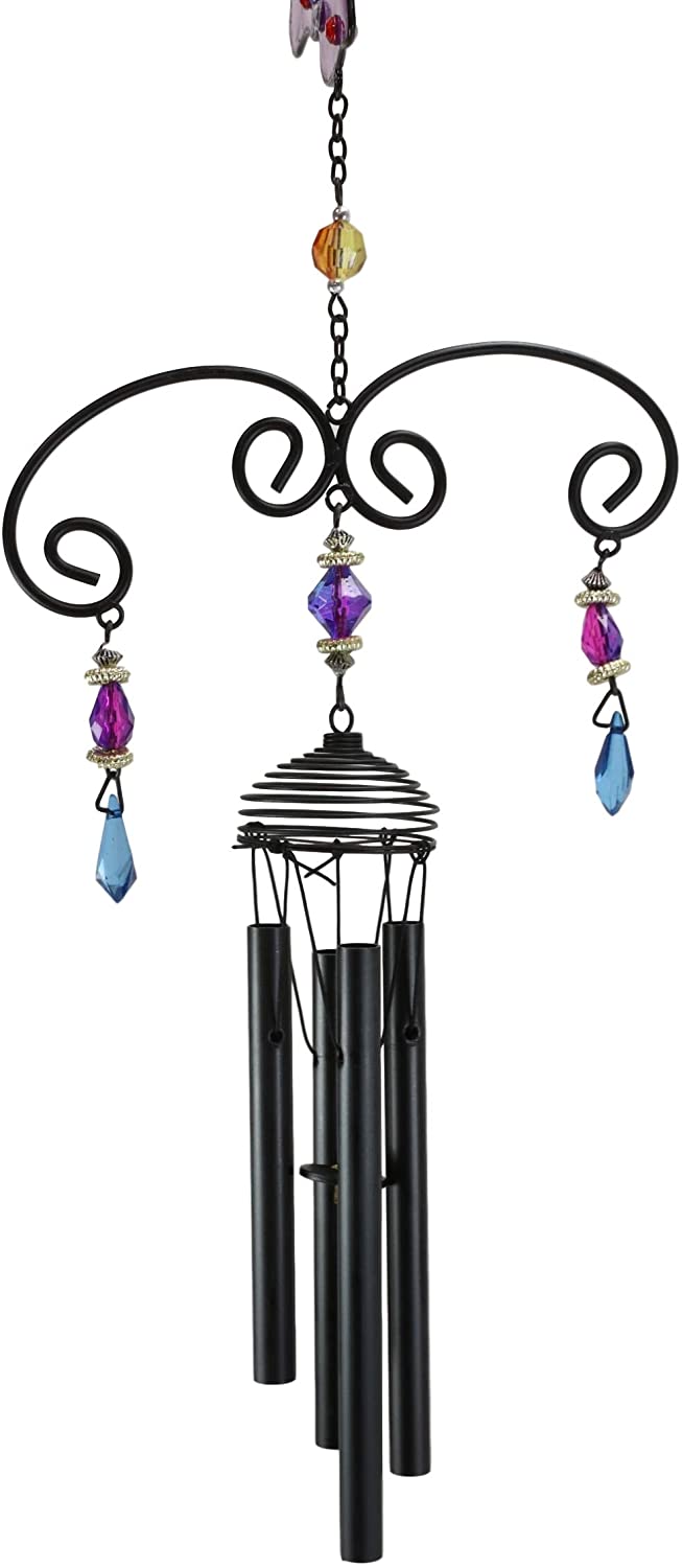 Ebros Stained Glass Purple Butterfly with Gems and Copper Wind Chime 34" Long