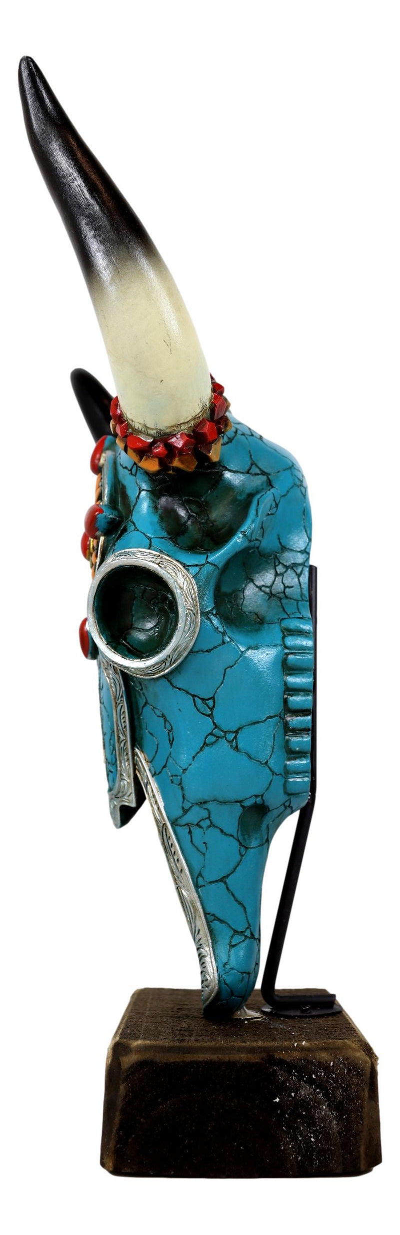 Rustic Western Aztec Mosaic Turquoise Cow Steer Bull Skull Desktop Sculpture