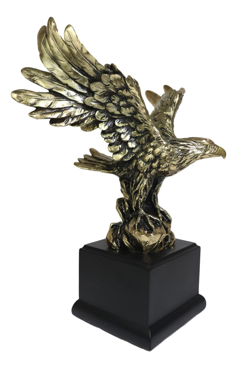 Ebros Majestic Bald Eagle W/ Open Wings On Rock Gold Electroplated Resin Statue 11.5"H