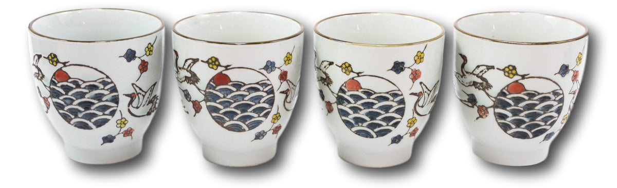 Pack Of 4 Japanese Sakura Cherry Blossom White Crane Ceramic Tea Cups Teacups - Ebros Gift