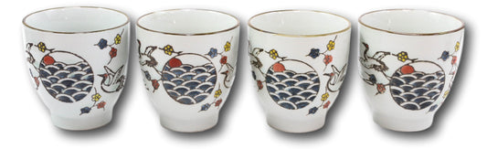 Pack Of 4 Japanese Sakura Cherry Blossom White Crane Ceramic Tea Cups Teacups - Ebros Gift