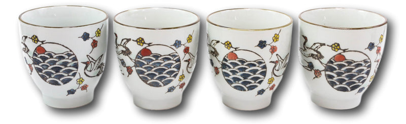 Pack Of 4 Japanese Sakura Cherry Blossom White Crane Ceramic Tea Cups Teacups