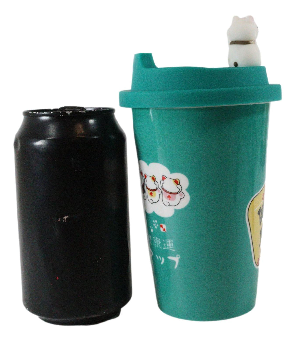 Ebros Gift Lucky Cat Maneki Neko Ceramic Tall Drink Mug Cup With Silicone Lid (Green)