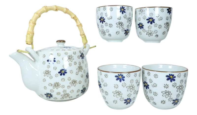 Japanese Cherry Blossom Rain 20oz Ceramic Tea Pot and Cups Set Serves 4 People