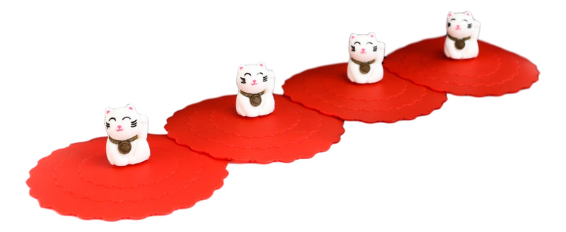 Set Of 4 Red Maneki Neko Cat Reusable Silicone Coffee Cup Cover Lids Air Tight