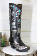 Southwestern Turquoise Silver Aztec Symbols Cowboy Boot Vase Planter Figurine
