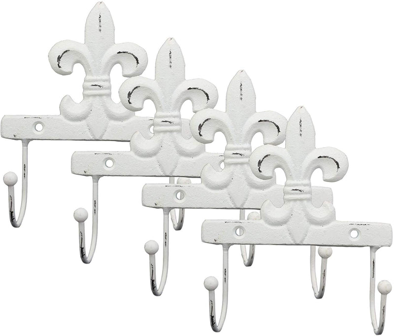 Ebros Gift 5.75" Tall Cast Iron Rustic Vintage Distressed White Fleur De Lis Emblem with 2 Peg Hooks Decorative Wall Hook Southwestern Hangers Accent for Keys Leashes Coats Hats (4)