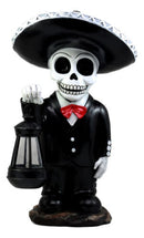 Day Of The Dead Skeleton Mariachi Singer Statue With Solar Powered Lantern LED