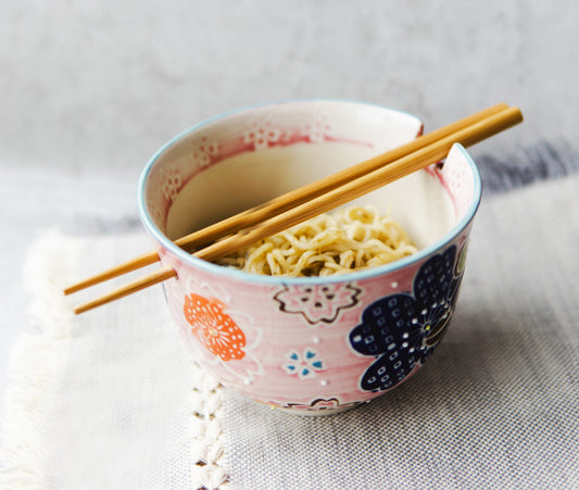 Pink Spring Floral Blossoms Ramen Noodles Soup Bowl With Bamboo Chopsticks Set - Ebros Gift