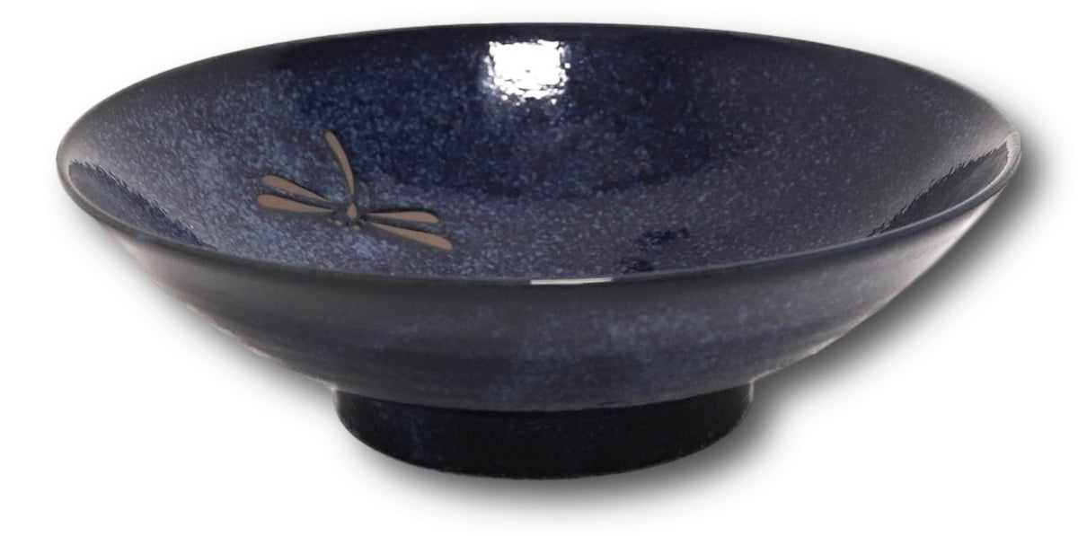 Japanese Blue Dragonfly Pasta Salad Soup Rice Ceramic Shallow Bowls Set of 3 - Ebros Gift