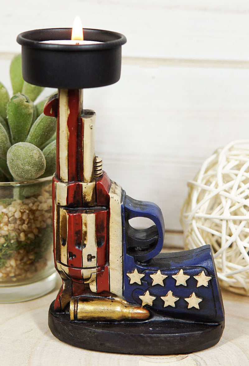 Western Patriotic USA Flag Revolver Pistol Gun Votive Tea Light Candle Holder