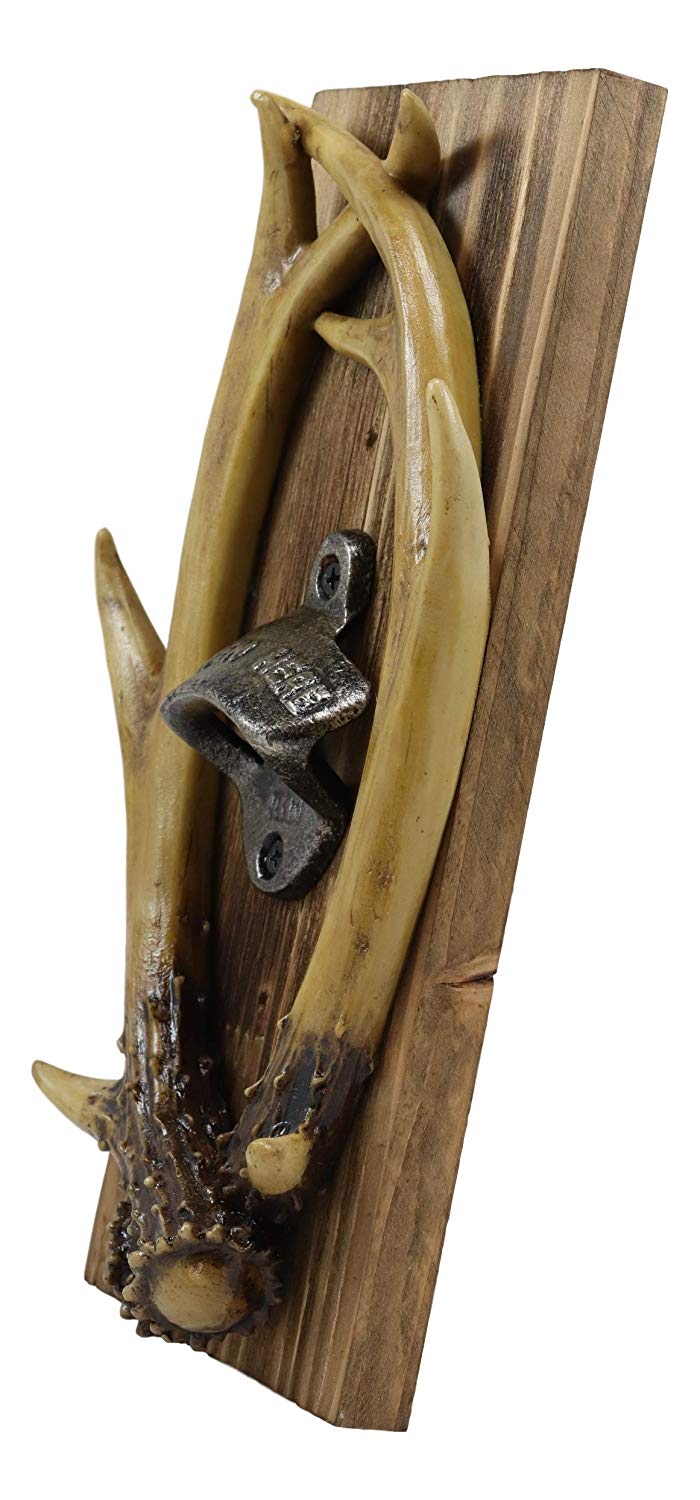 Ebros Rustic Western Faux Entwined Hunter's Stag Deer Antlers Trophy Mounted On Wood Plank Soda Beer Bottle Cap Cast Metal Opener 10.75" High