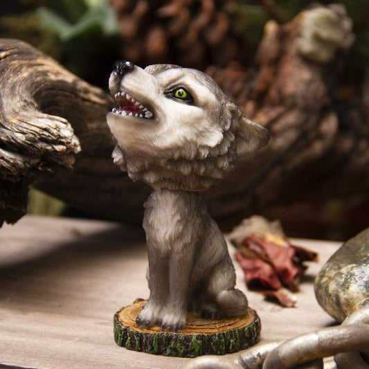 Cries of The Night Howling Gray Wolf With Green Eyes Bobblehead Figurine 3.75" H - Ebros Gift