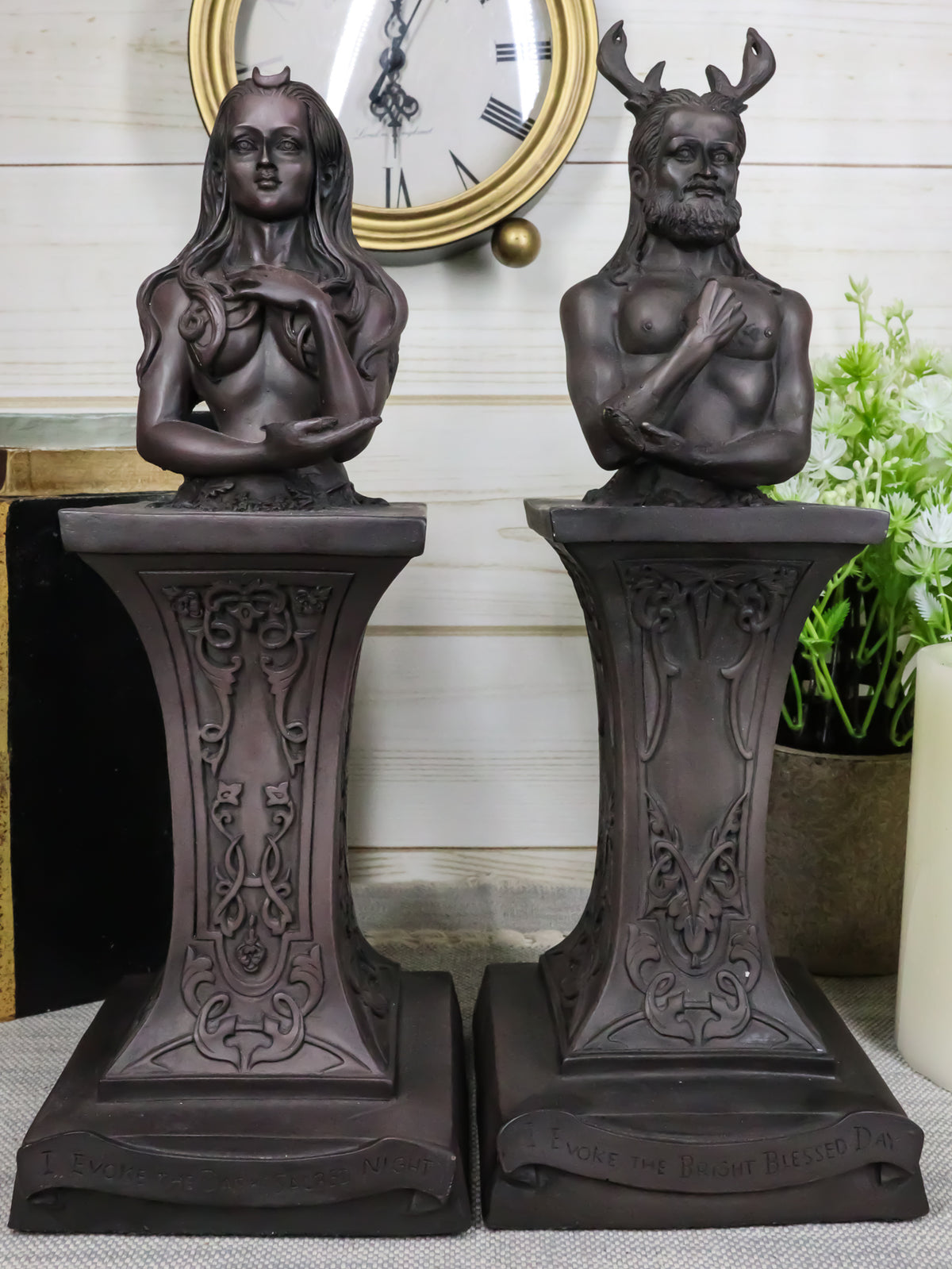 Wiccan Deity Horned God And Crescent Celestial Moon Goddess Herm Bust Sculpture - Ebros Gift