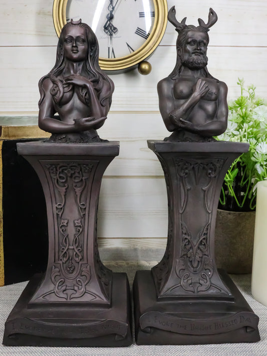 Wiccan Deity Horned God And Crescent Celestial Moon Goddess Herm Bust Sculpture - Ebros Gift