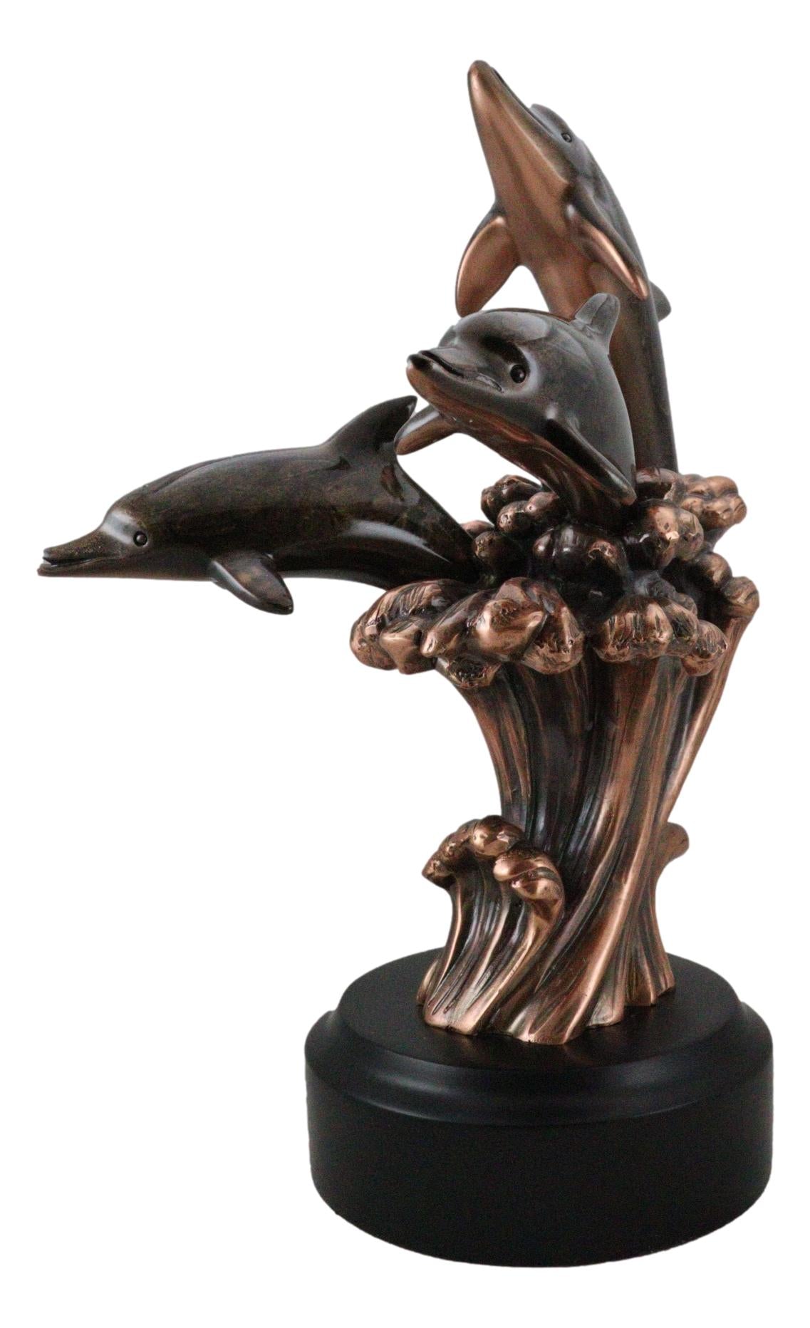 Bronze Electroplated Three Bottlenose Dolphins Riding Over Ocean Waves Statue