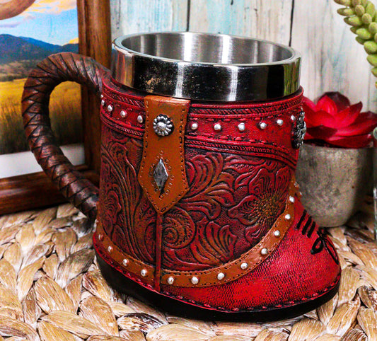 Rustic Western Cowgirl Boot W/ Lone Star Floral Faux Tooled Leather Coffee Mug