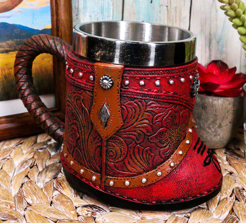 Rustic Western Cowgirl Boot W/ Lone Star Floral Faux Tooled Leather Coffee Mug