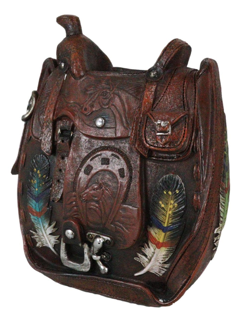 Rustic Western Cowboy Horse Saddle With Indian Feathers Flower Vase Or Planter