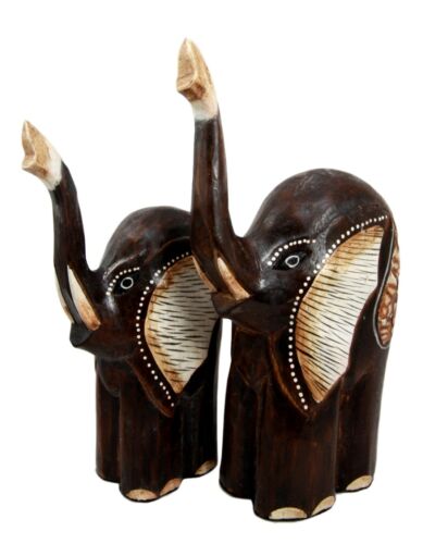 Balinese Wood Handicrafts Abstract Jungle Elephant And Calf Figurine Set 10"H