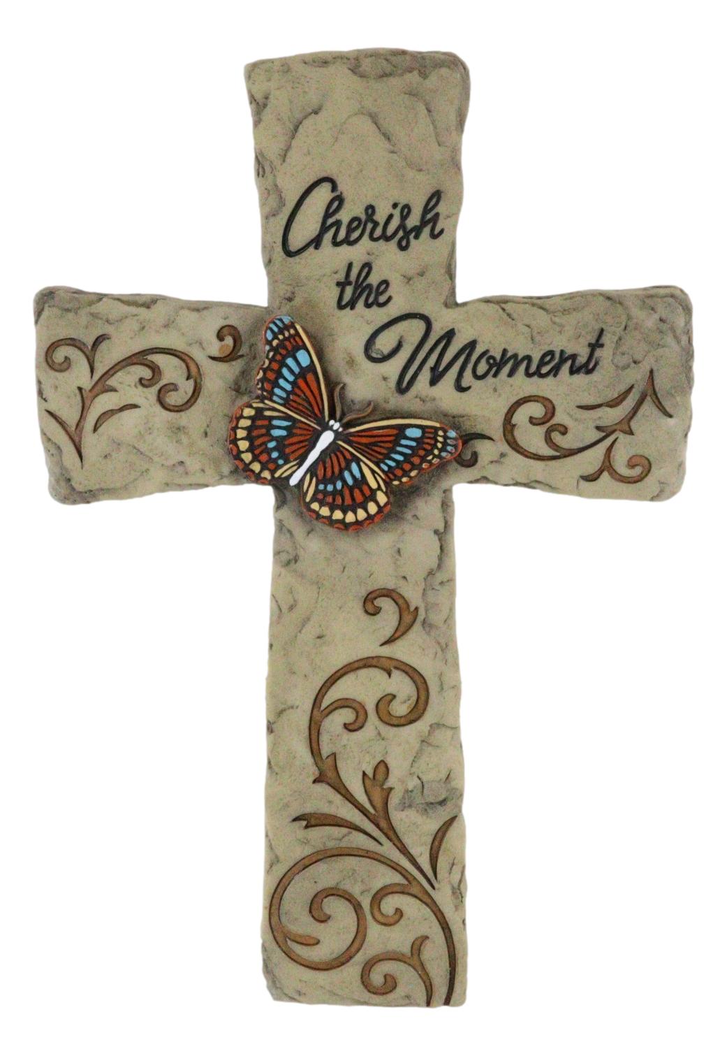 Rustic Western Butterfly Cherish The Moment Scroll Art Faux Stone Wall Cross