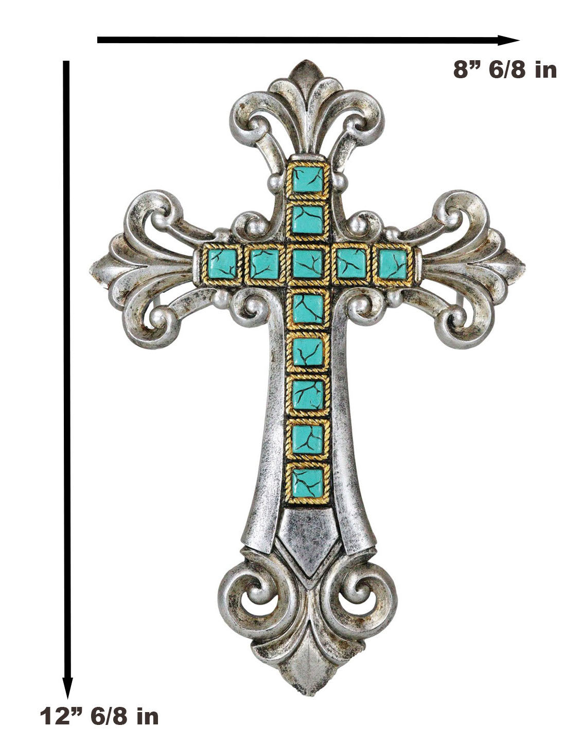 Southwestern Silver Tuscan Fleur De Lis Scrollwork Turquoise Rocks Wall Cross - Ebros Gift