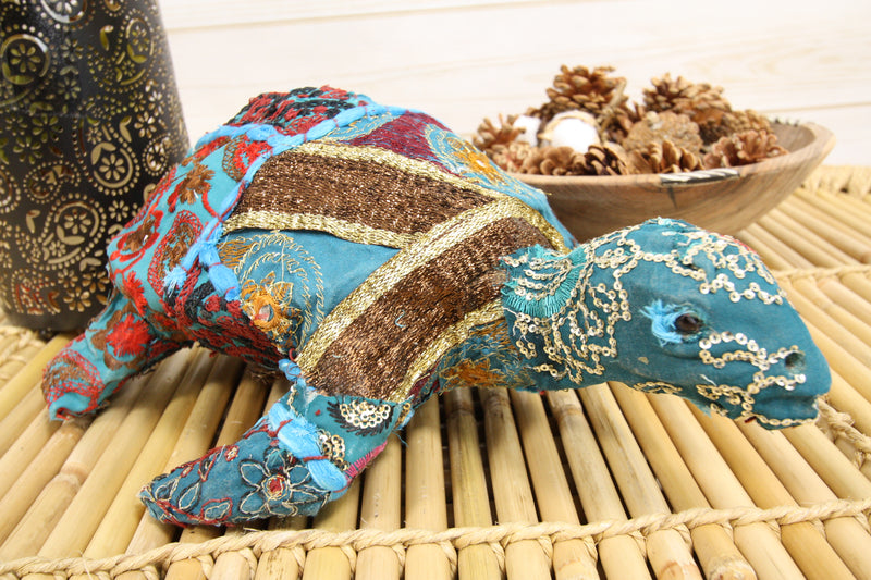 Marine Sea Turtle Hand Crafted Paper Mache In Colorful Sari Fabric Figurine