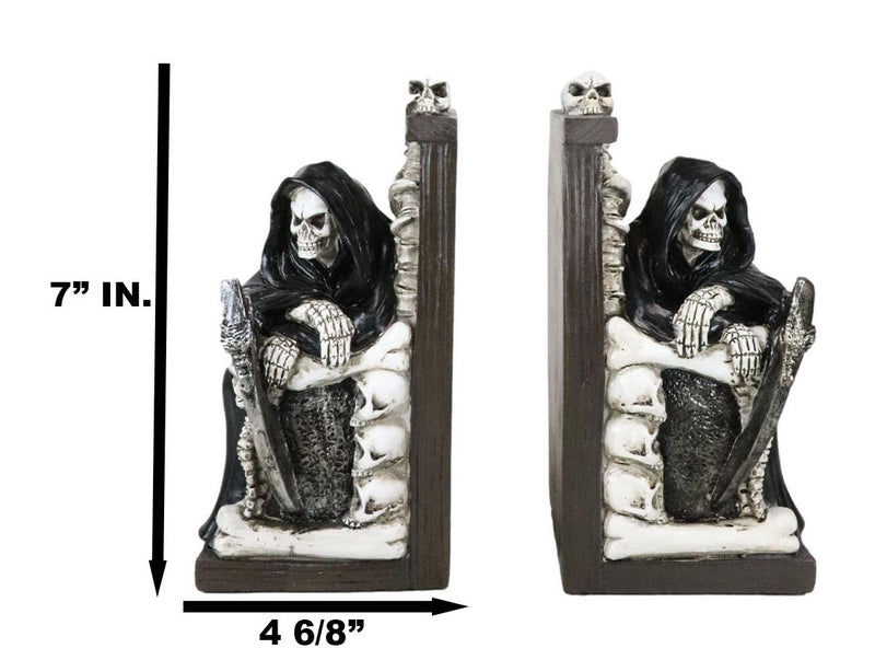 Gothic Grim Reaper Sitting On Skulls And Skeleton Bones Thrones Bookends Statue