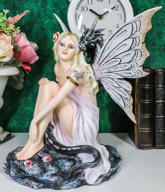 Fantasy White Tribal Celtic Tattoo Princess Fairy With Black Dragon Figurine