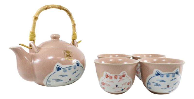 Ebros Auspicious Maneki Neko Lucky Fortune Cat Pink Ceramic Tea Set Teapot And 4 Cups