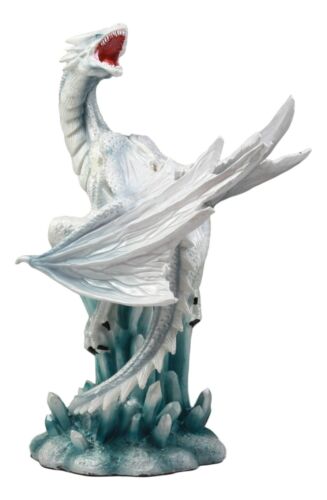 Ebros White Arctic Snow Winter Dragon On Giant Crystal Ice Rocks Statue Frozen Realm