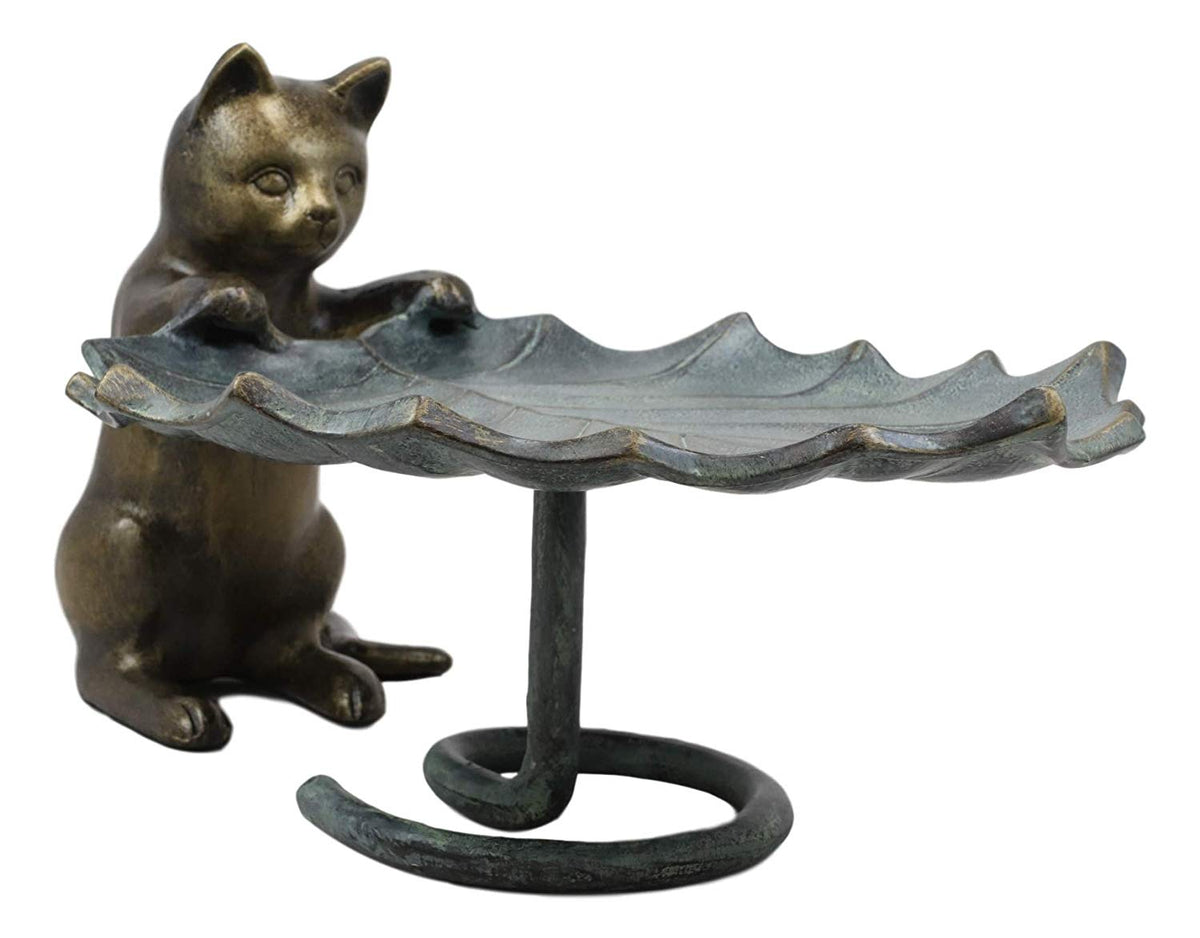 17"L Aluminum Rustic Whimsical Curious Kitten Cat With Leaf Bird Feeder Statue - Ebros Gift