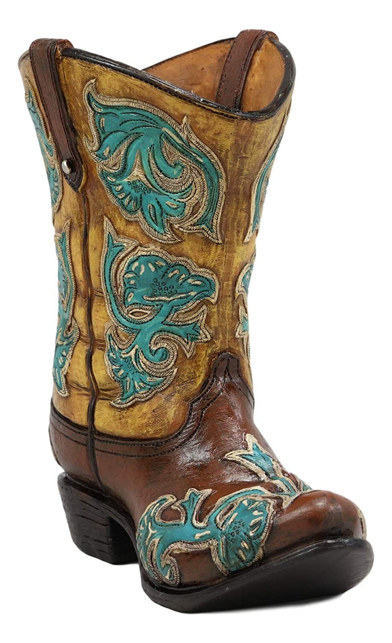 Ebros 7"H Rustic Western Cowboy Teal Brown Boot Figurine Stationery Holder Flower Vase